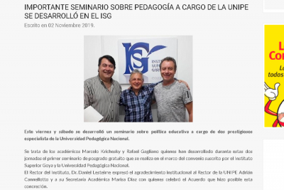 IMPORTANTE SEMINARIO SOBRE PEDAGOG&Iacute;A A CARGO DE LA UNIPE SE DESARROLL&Oacute; EN EL ISG