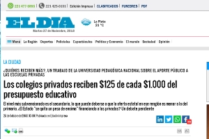 Los colegios privados reciben $125 de cada $1000 del presupuesto educativo
