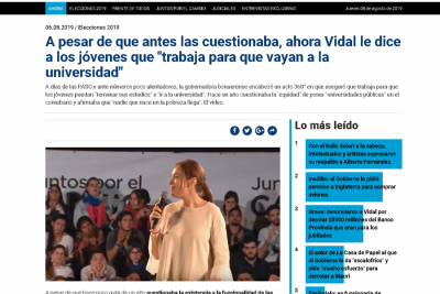 A pesar de que antes las cuestionaba, ahora Vidal le dice a los j&oacute;venes que "trabaja para que vayan a la universidad"
